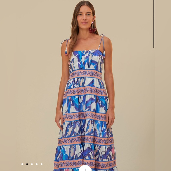 Farm Rio Off-White Blue Foliage Midi Dress - Picture 2 of 9